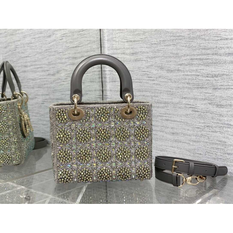 D*or mini lady D*or bag metallic calfskin and satin grey resin bead embroidery