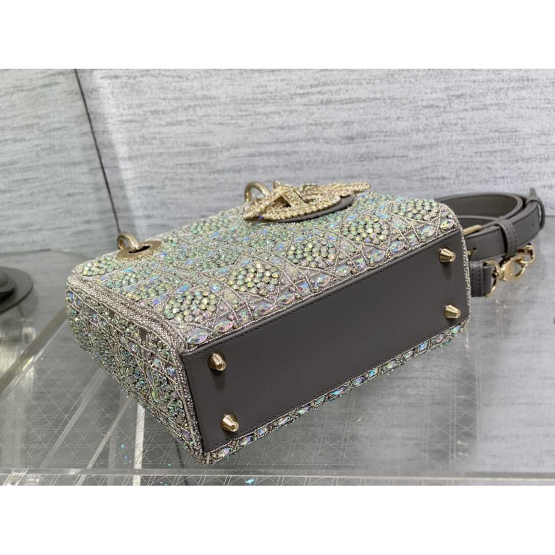 D*or mini lady D*or bag metallic calfskin and satin grey resin bead embroidery