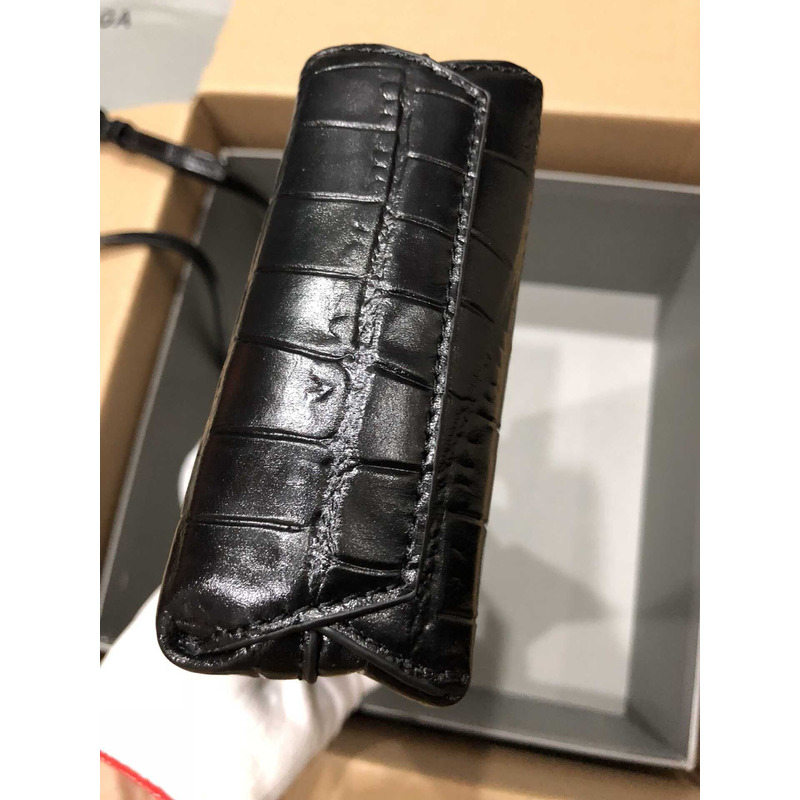 Ba*len*cia*ga textured calfskin logo shopping phone holder bag black