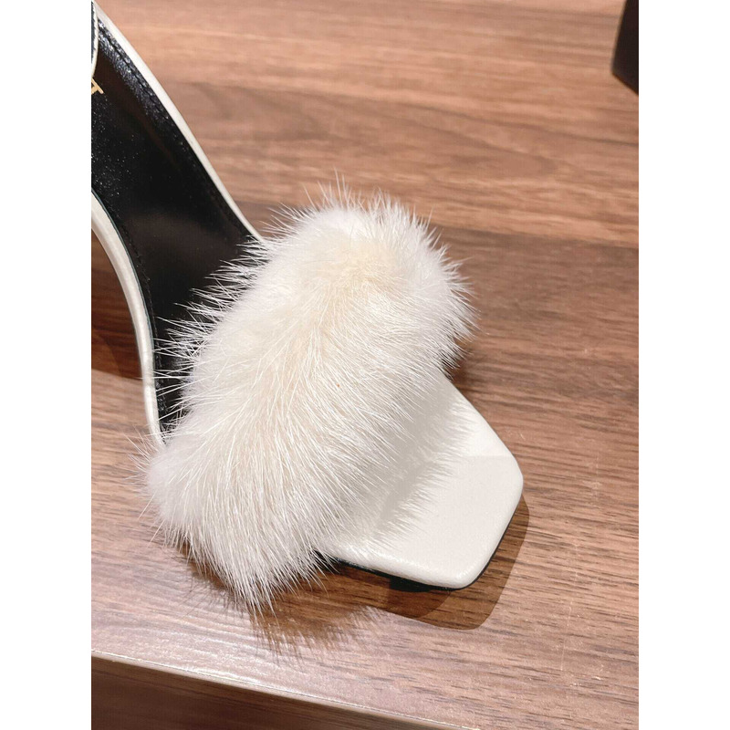 Saint Laurent White Bea Mink Heel Sandals