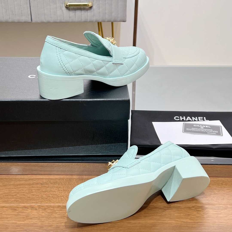 Ch*el lamskin leather loafter light blue