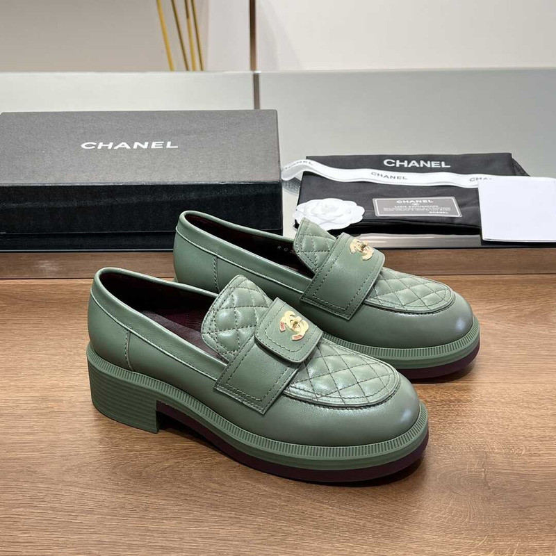 Ch*el lambskin leather loafer green