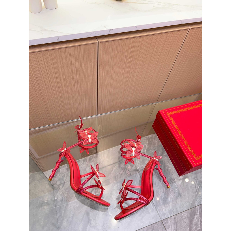 Rene Caovilla Leruy Diamante Butterfly Wrap High Heel Sandals  Red