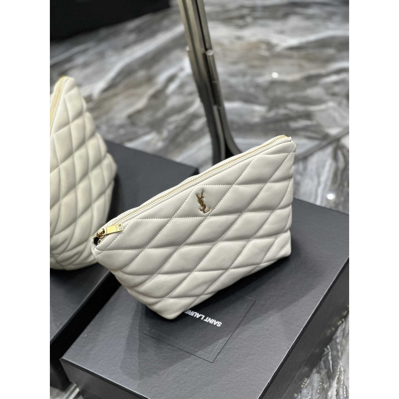 Saint Laurent Sade Calfskin Zipper Envelope Clutch Medium White