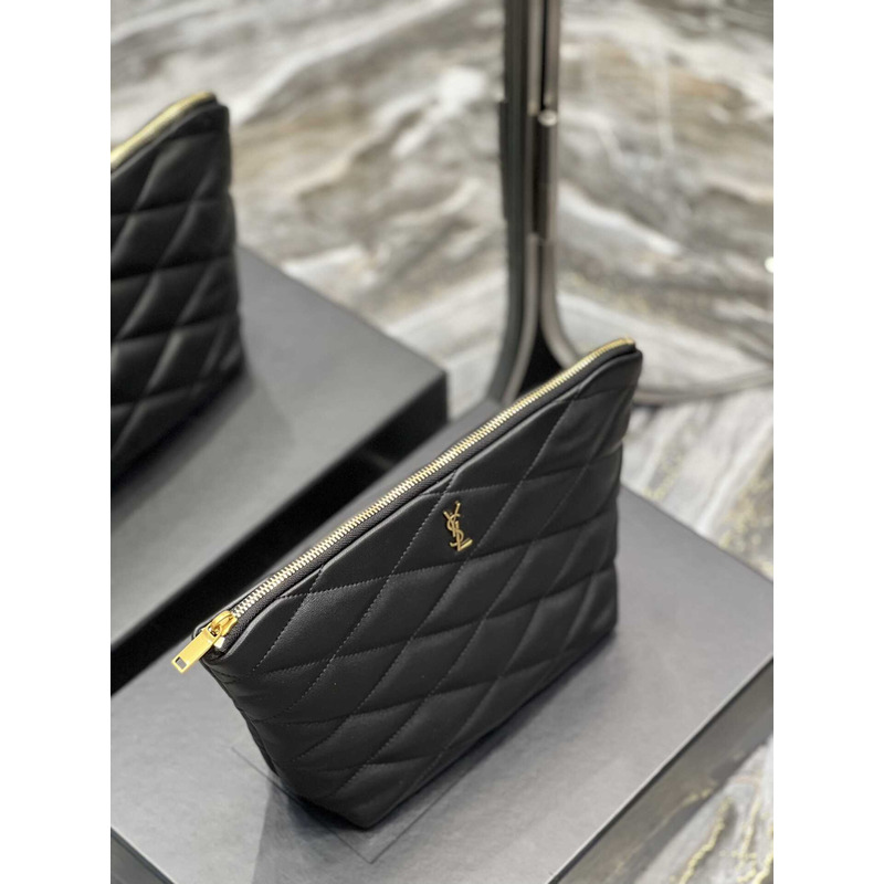 Saint Laurent Sade Calfskin Zipper Envelope Clutch Medium Black