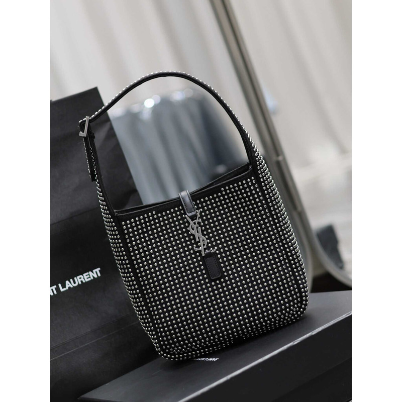 Saint Laurent LE 5 À 7 Hobo Bag In Canvas Leather And Studs