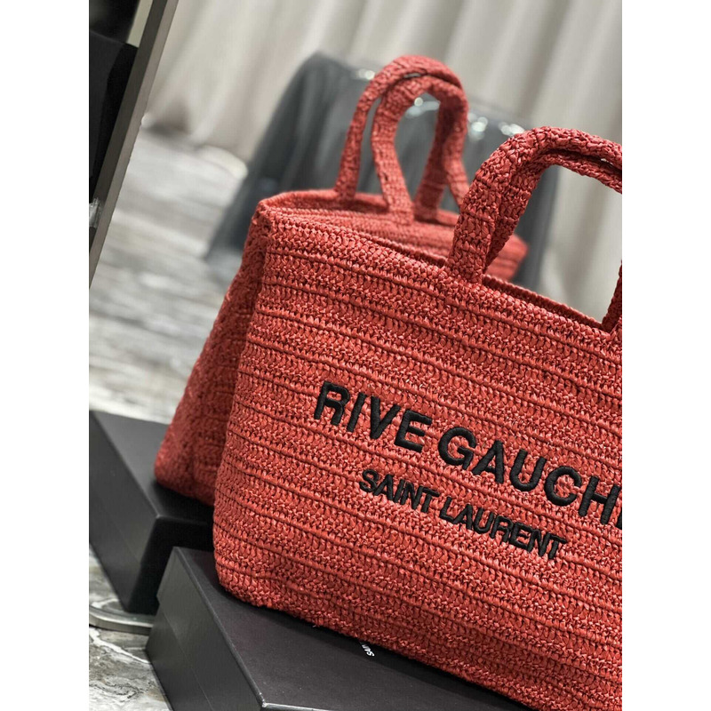 Saint Laurent Rive Gauche Soft Tote Bag In Crocheted Raffia Red