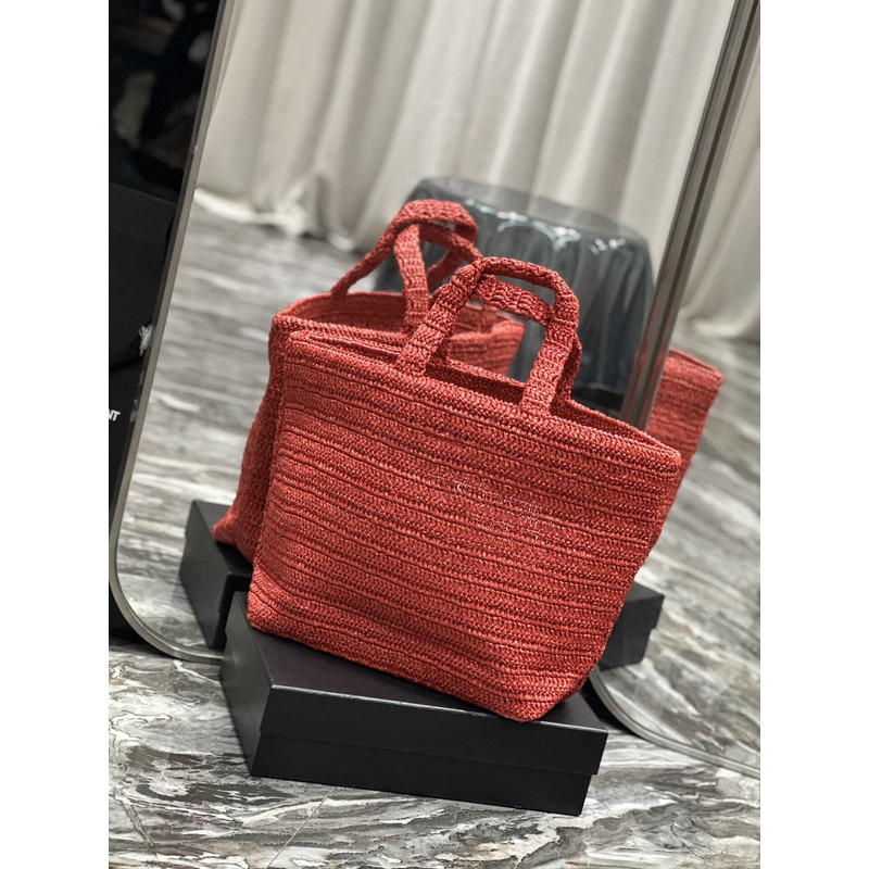 Saint Laurent Rive Gauche Soft Tote Bag In Crocheted Raffia Red