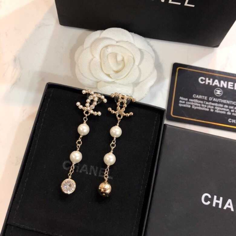 Ch*el crystal and pearl cc earrings