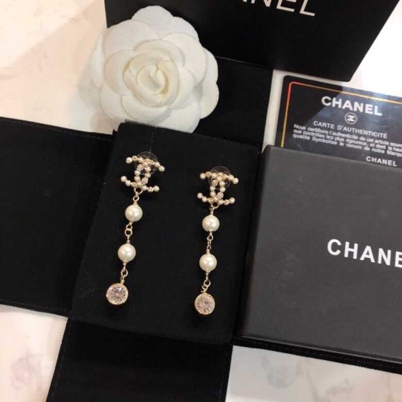 Ch*el crystal and pearl cc earrings