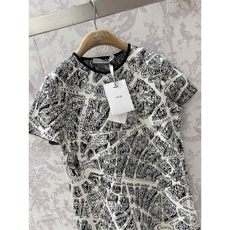 D*or short dress beige and black technical knit with plan de paris motif