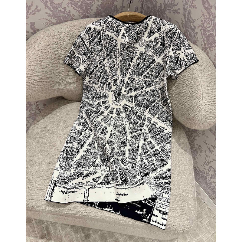 D*or short dress beige and black technical knit with plan de paris motif