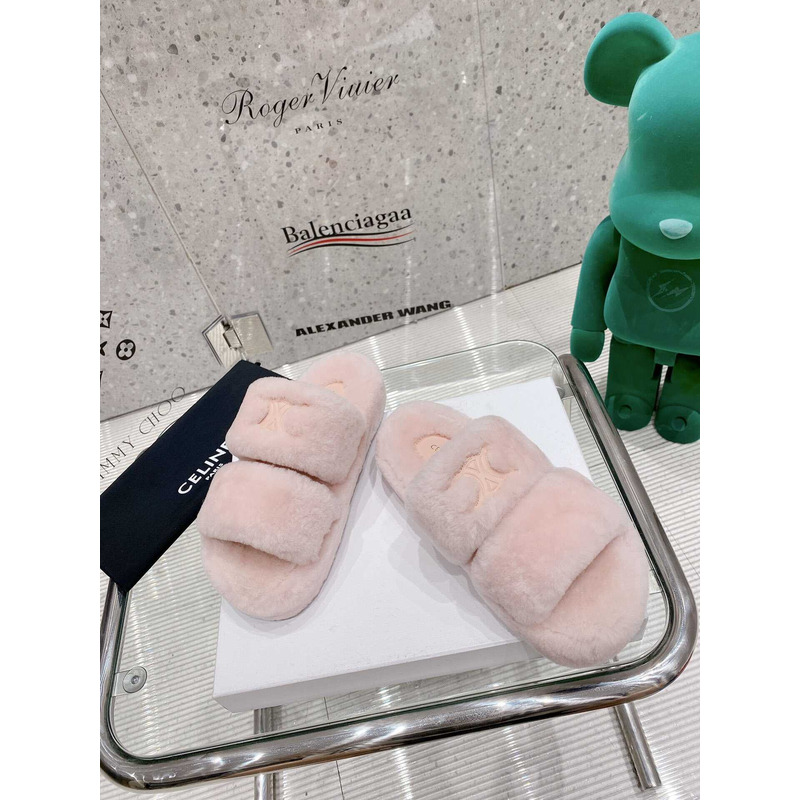 Ce**e open toe platform rubber sole casual style unisex faux fur pink