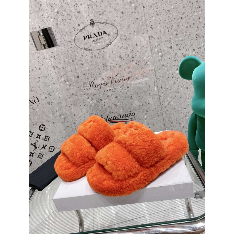 Ce**e open toe platform rubber sole casual style unisex faux fur orange