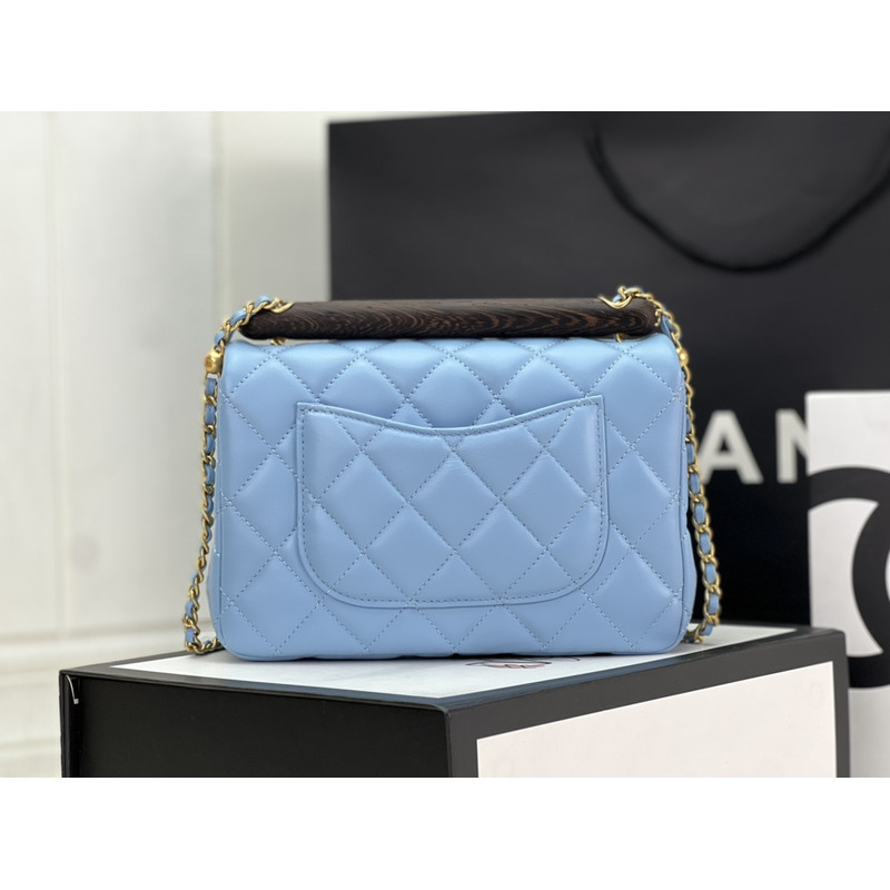 Ch*el small flap bag with top handle lambskin & wenge wood light blue