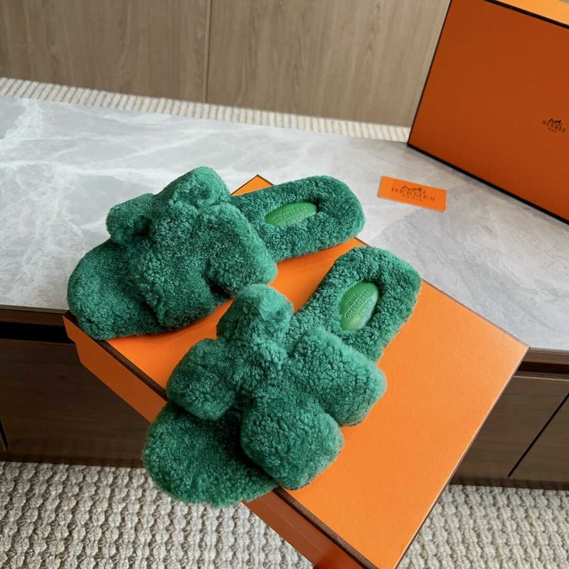 H**mes classic h faux fur slippers dark green