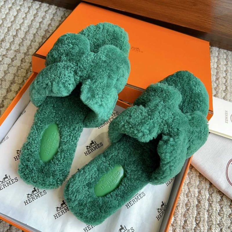 H**mes classic h faux fur slippers dark green