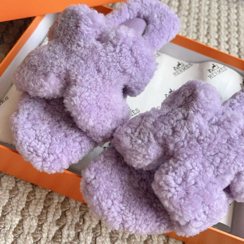 H**mes classic h faux fur slippers purple