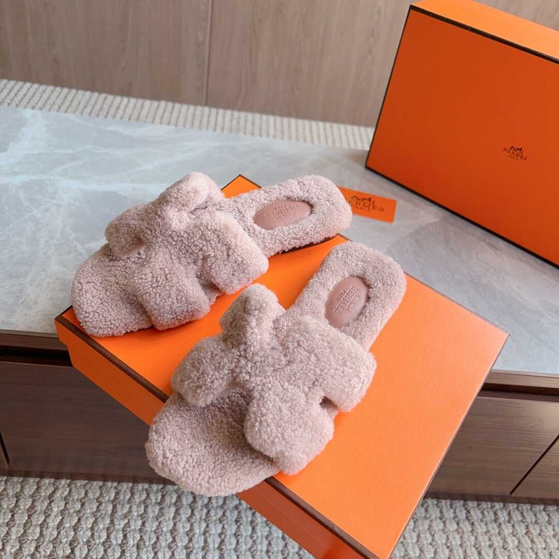 H**mes classic h faux fur slippers beige