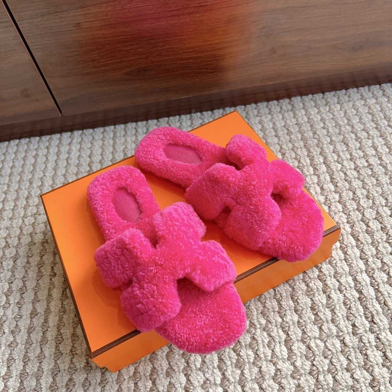 H**mes classic h word faux fur slippers hot pink