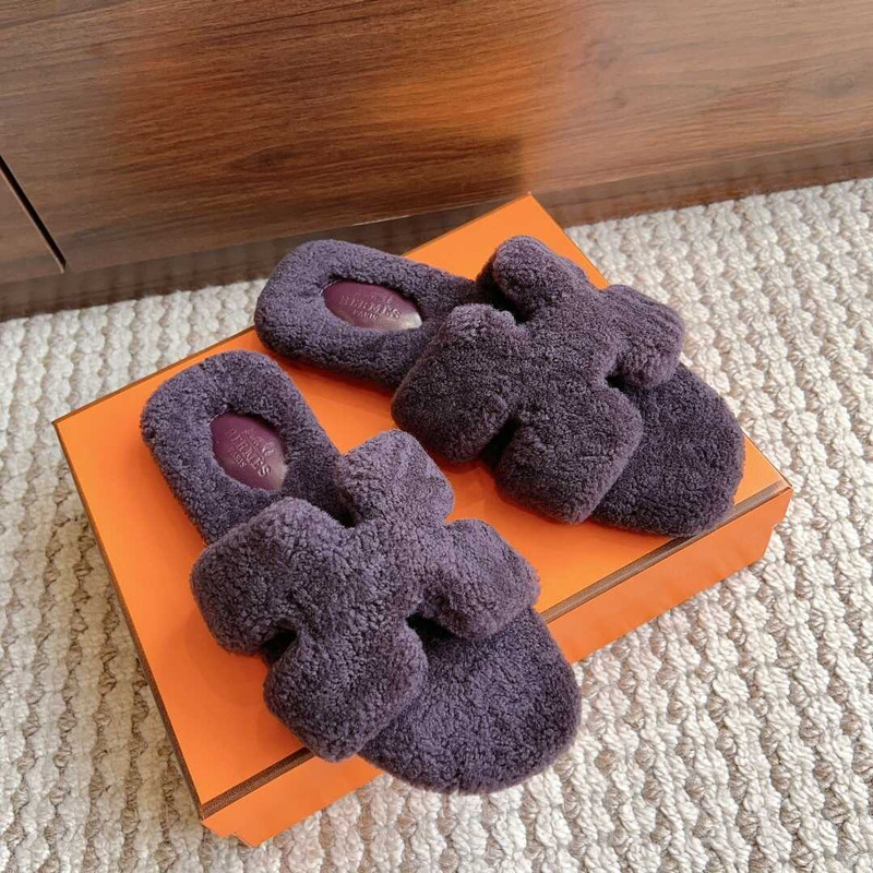 H**mes classic h word teddy bear fur slippers purple