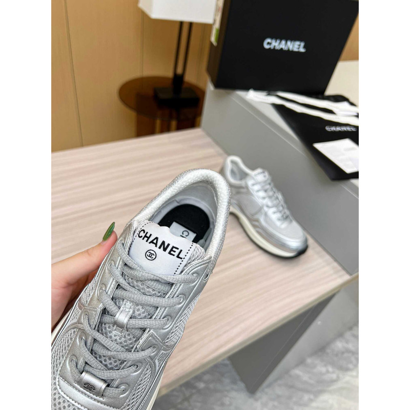 Ch*el sneakers fabric & laminated silver