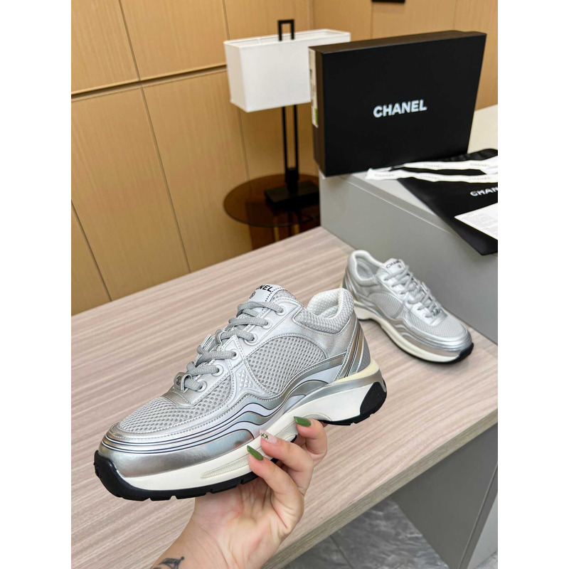 Ch*el sneakers fabric & laminated silver
