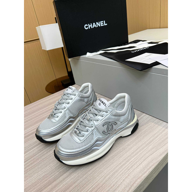 Ch*el sneakers fabric & laminated silver