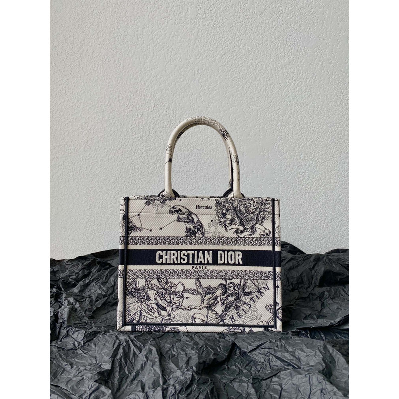 D*or small D*or book tote latte and black toile de jouy zodiac embroidery