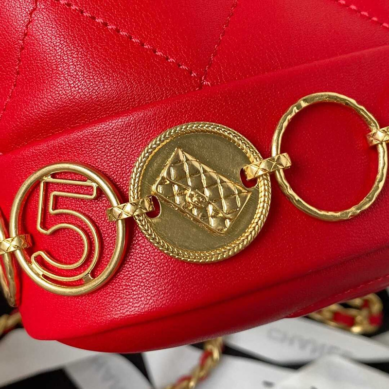 Ch*el small backpack calfskin & gold-tone metal red
