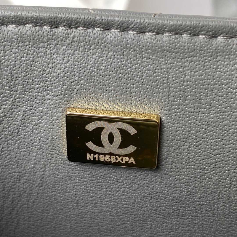 Ch*el mini flap bag lambskin & gold-tone metal grey