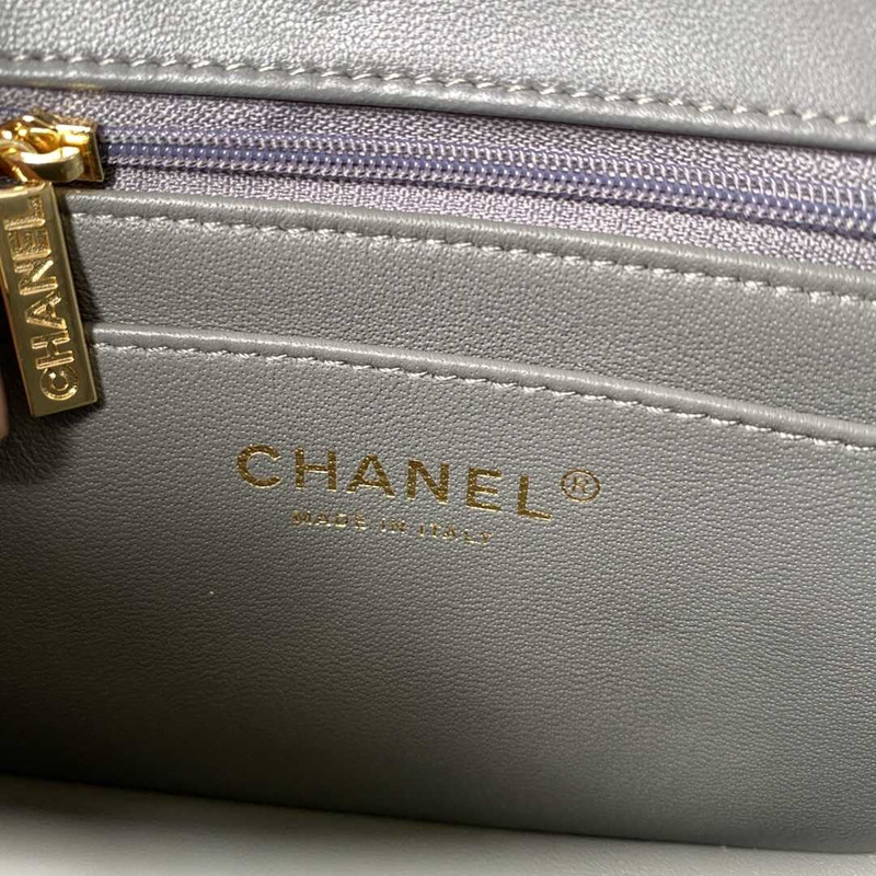 Ch*el mini flap bag lambskin & gold-tone metal grey