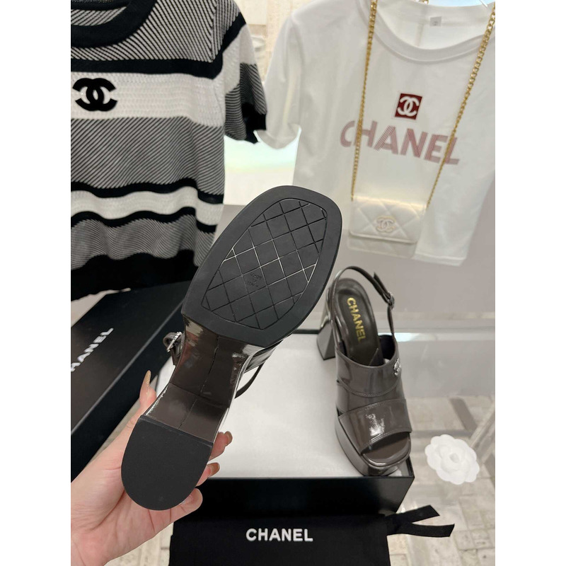 Ch*el lambskin heeled sandals grey