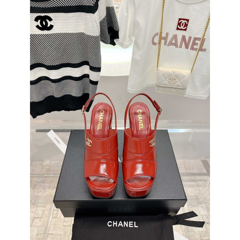 Ch*el lambskin heeled sandals red