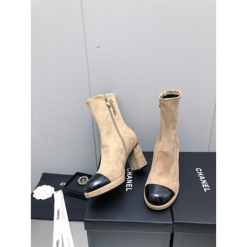 Ch*el short boots suede and patent calfskin beige