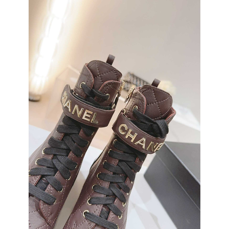 Ch*el military boots patent calfskin and lambskin wine