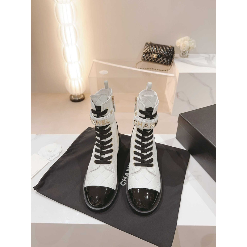 Ch*el military boots patent calfskin and lambskin white