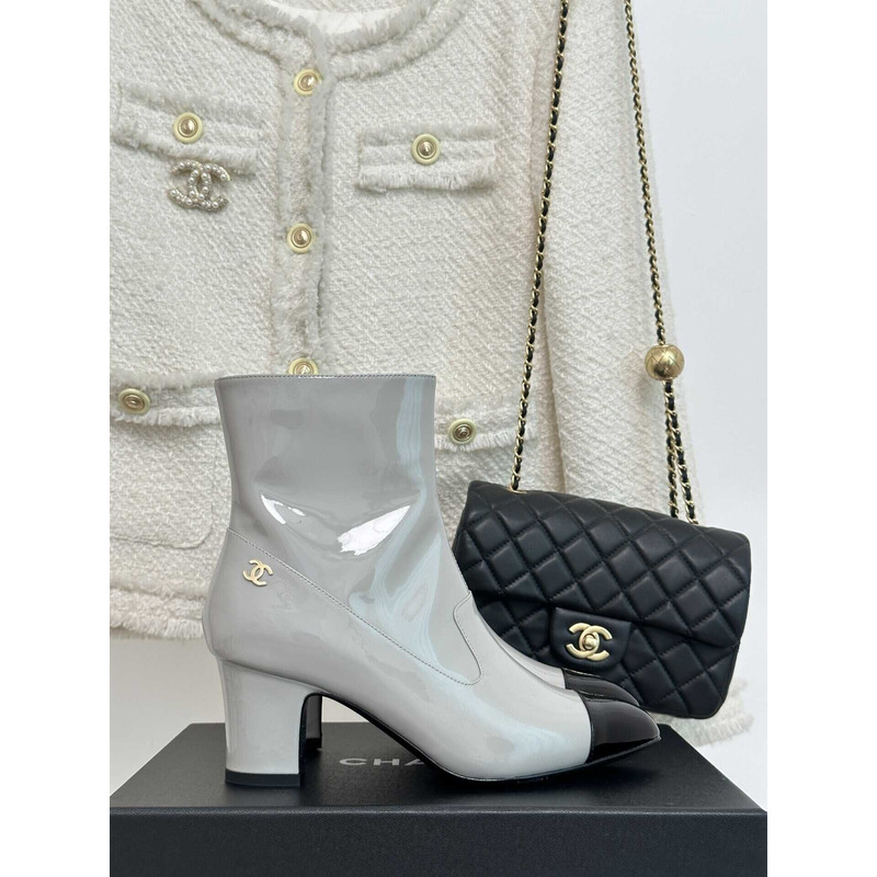Ch*el short boots patent calfskin grey