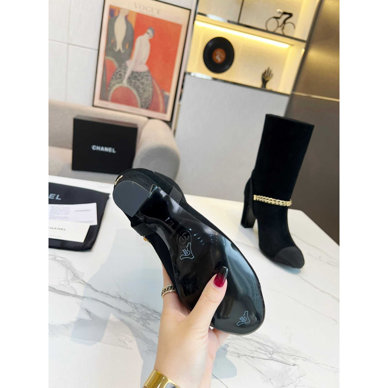 Ch*el short boots suede kidskin, grosgrain & metal black