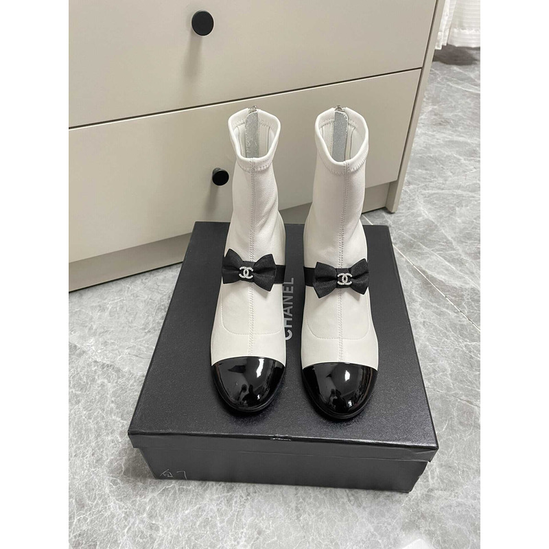Ch*el short boots stretch lambskin & patent calfskin white