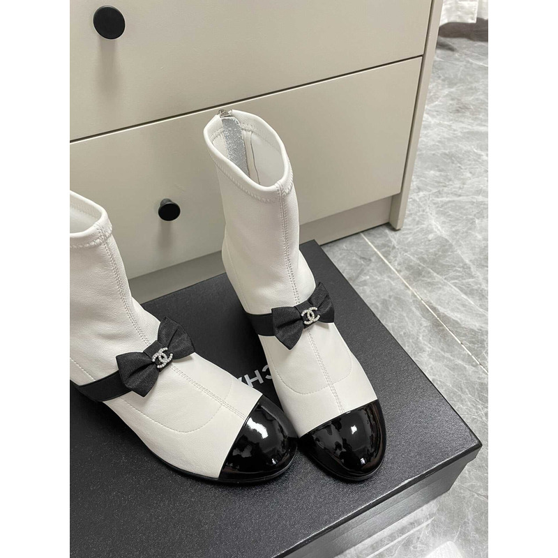 Ch*el short boots stretch lambskin & patent calfskin white