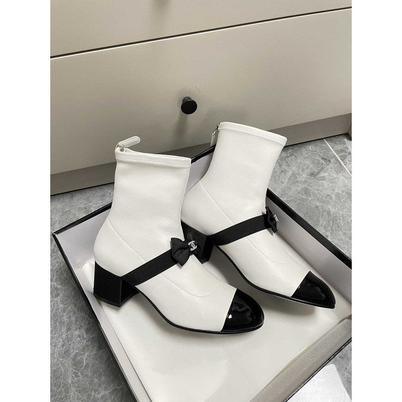 Ch*el short boots stretch lambskin & patent calfskin white