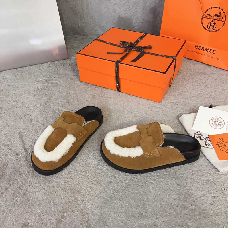 H**mes fur-trimmed loafers brown