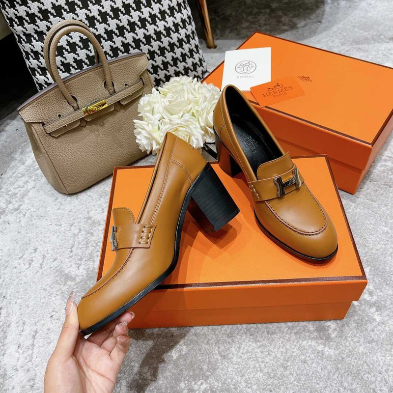 H**mes dauphine 70 high heel loafer in calfskin brown