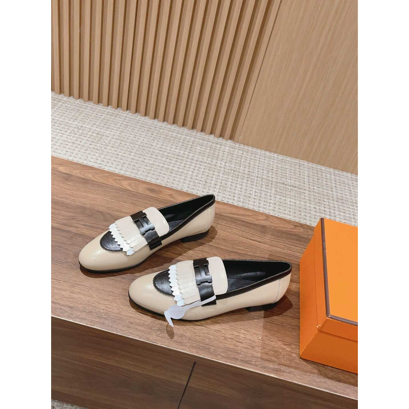 H**mes goatskin womens royal loafers black and beige
