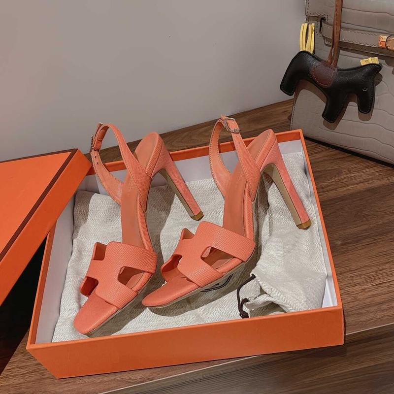 H**mes ella 105 calfskin heeled sandals black light orange