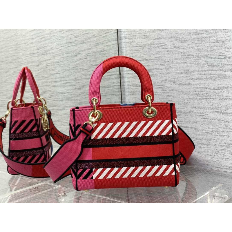 D*or  medium lady d-lite bag embroidery red multicolor