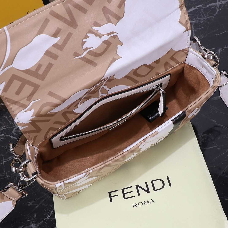 F**di baguette mini bag denim with ff embroidery beige&white