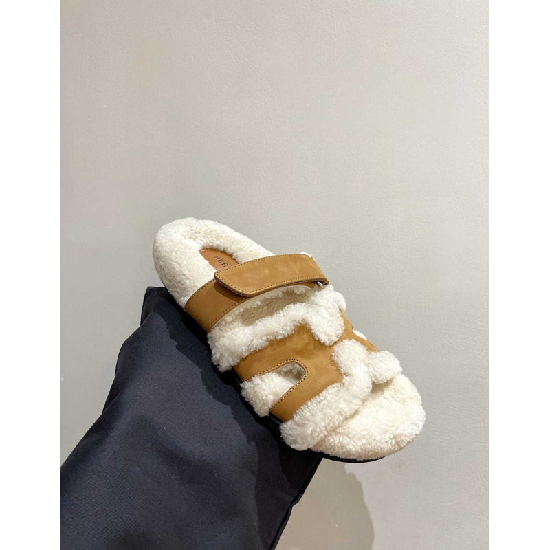 H**mes sandals with fur brown and white