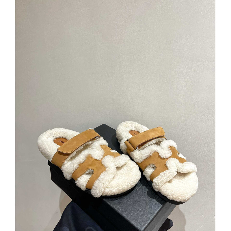 H**mes sandals with fur brown and white